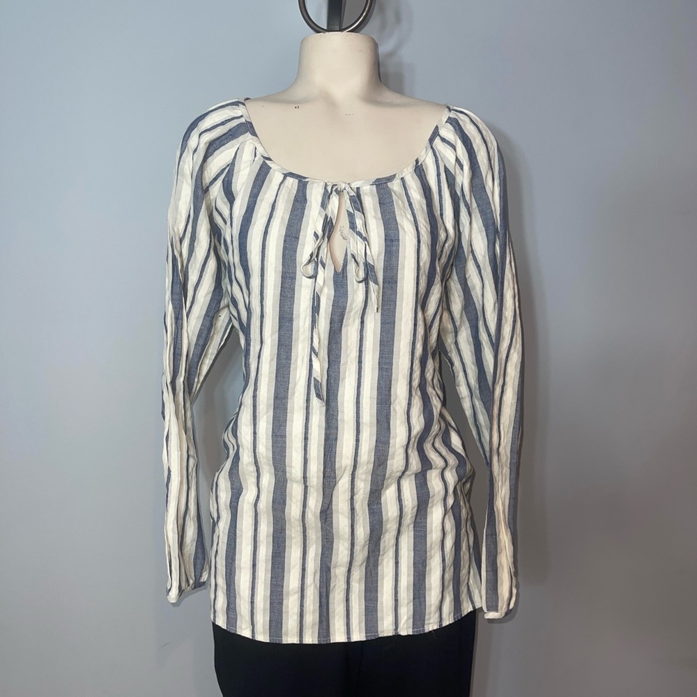 Behind the Seams cream blue striped long sleeve blouse top shirt woman’s XL
